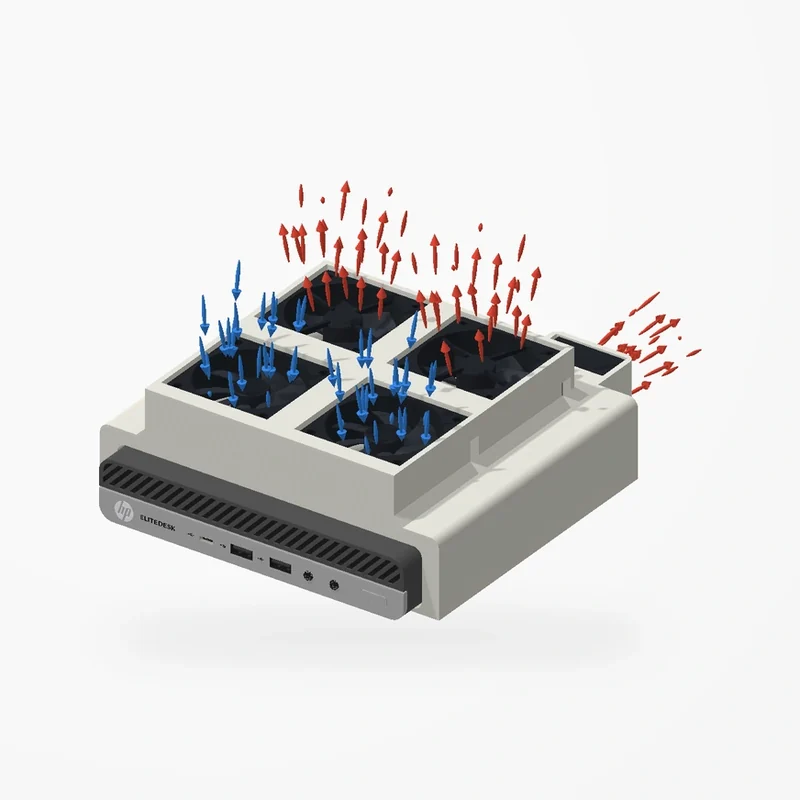 Render of my five-fan mount on an HP EliteDesk 800 Mini, with arrows showing air drawn in and pushed out